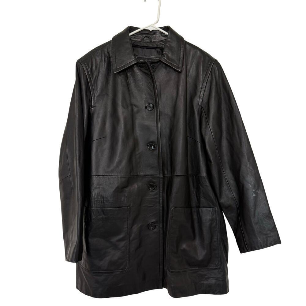 Wilsons Leather Women's Black Leather Car Coat Button Front Mid Length Jacket XL